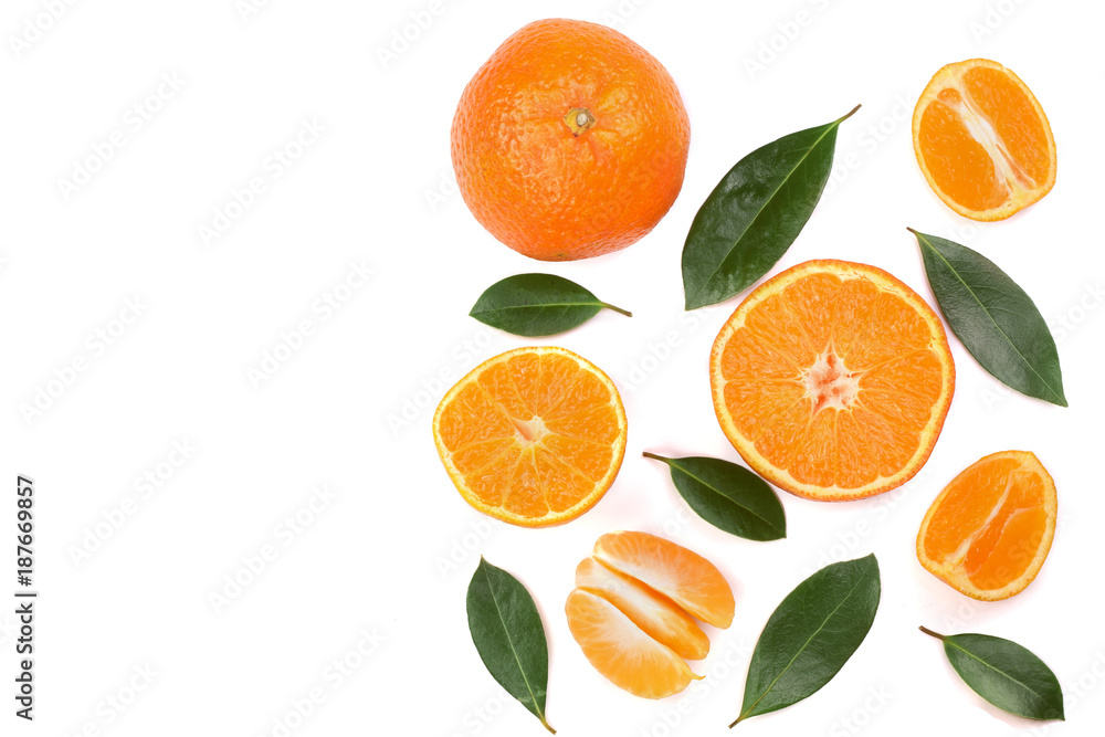 orange or tangerine with leaves isolated on white background with copy space for your text. Flat lay, top view orange or tangerine with leaves isolated on white background with copy space for your text. Flat lay, top view