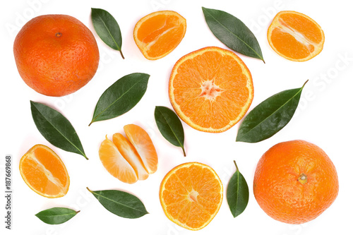 orange or tangerine with mint leaves isolated on white background. Flat lay, top view. Fruit composition