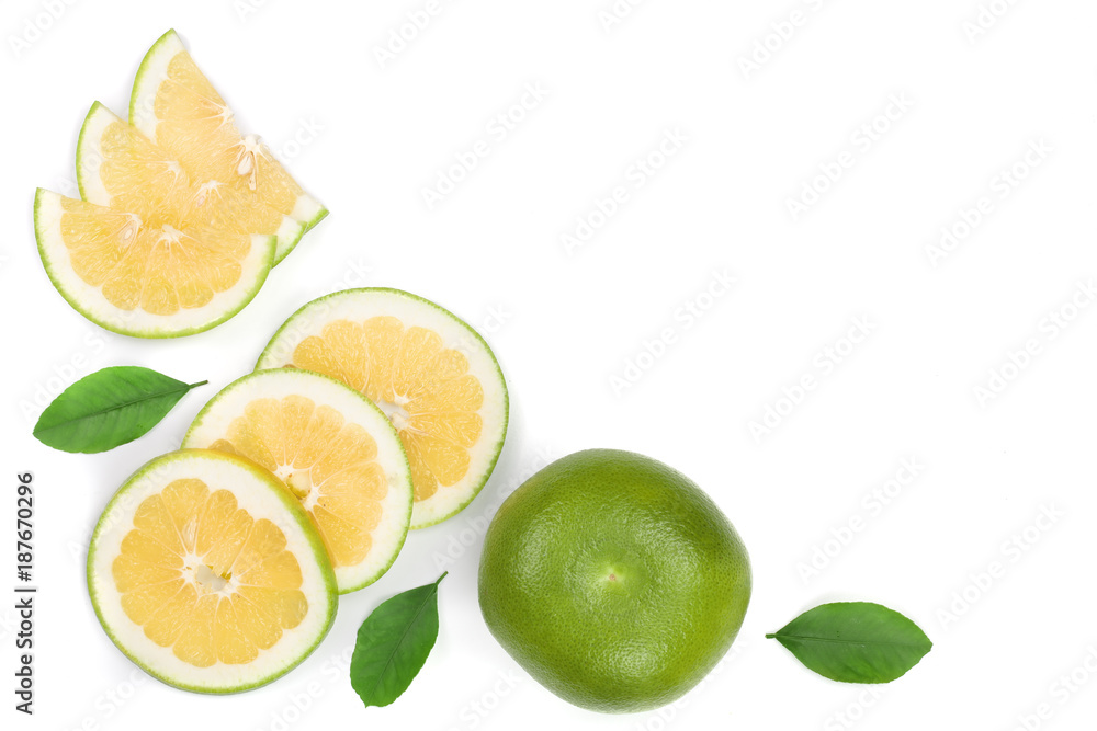 Fototapeta premium Citrus Sweetie or Pomelit, oroblanco with leaf isolated on white background with copy space for your text. Top view