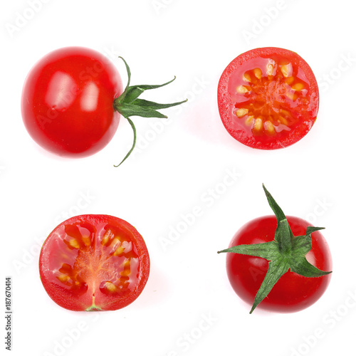 Cherry small tomatoes isolated on white background. Set or collection. Top view. Flat lay