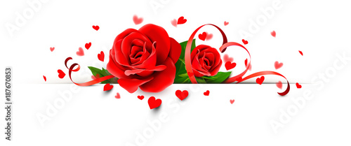 Rote Rosen mit Herz Schleife und Herz Konfetti - Banner