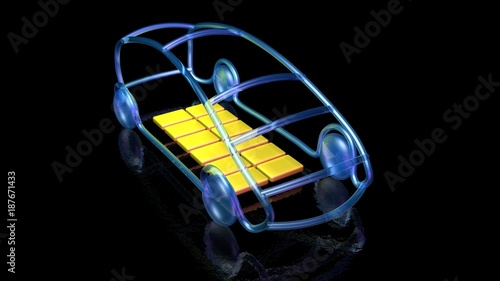 Electric car with batteries. Front view. 3d render. Open sides, no doors or side rails