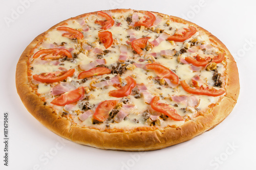 Pizza mushrooms, bacon, tomatoes, cheese on a white background.