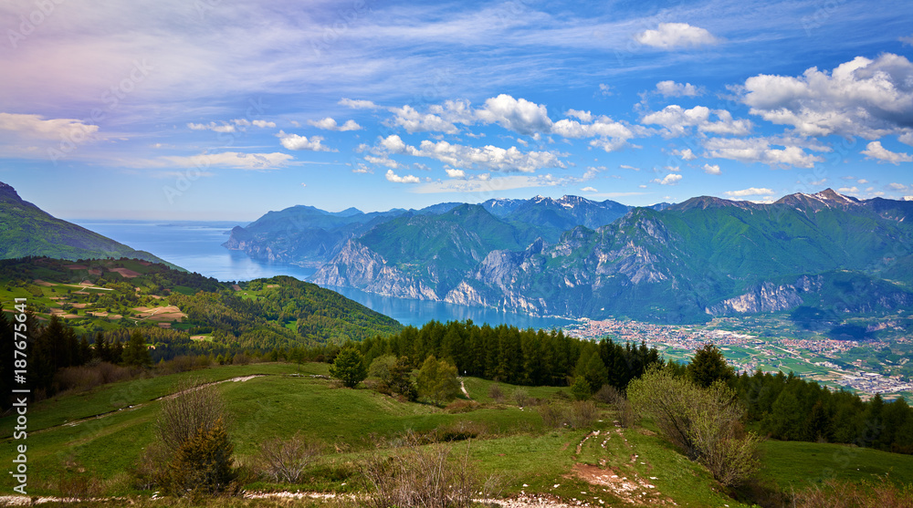 Above view from Monte STIVO of Arco, Riva, Nago-Torbole at Lake Garda,Italy, Popular destinations for travel in Europe. Italian Dolomites-panoramic views