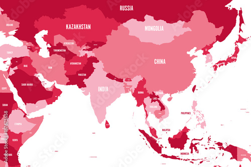 Political map of western, southern and eastern Asia in shades of maroon. Modern style simple flat vector illustration.