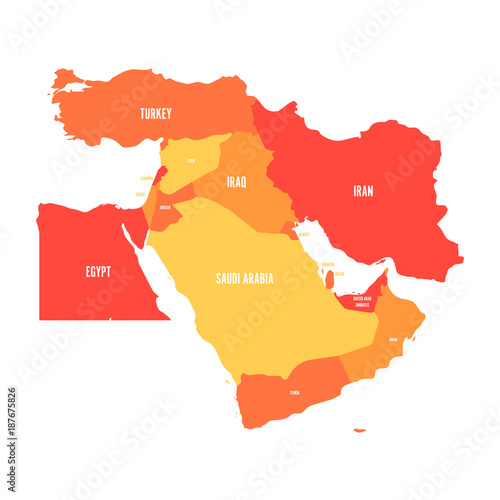 Map of Middle East, or Near East, in shades of orange. Simple flat vector ilustration.