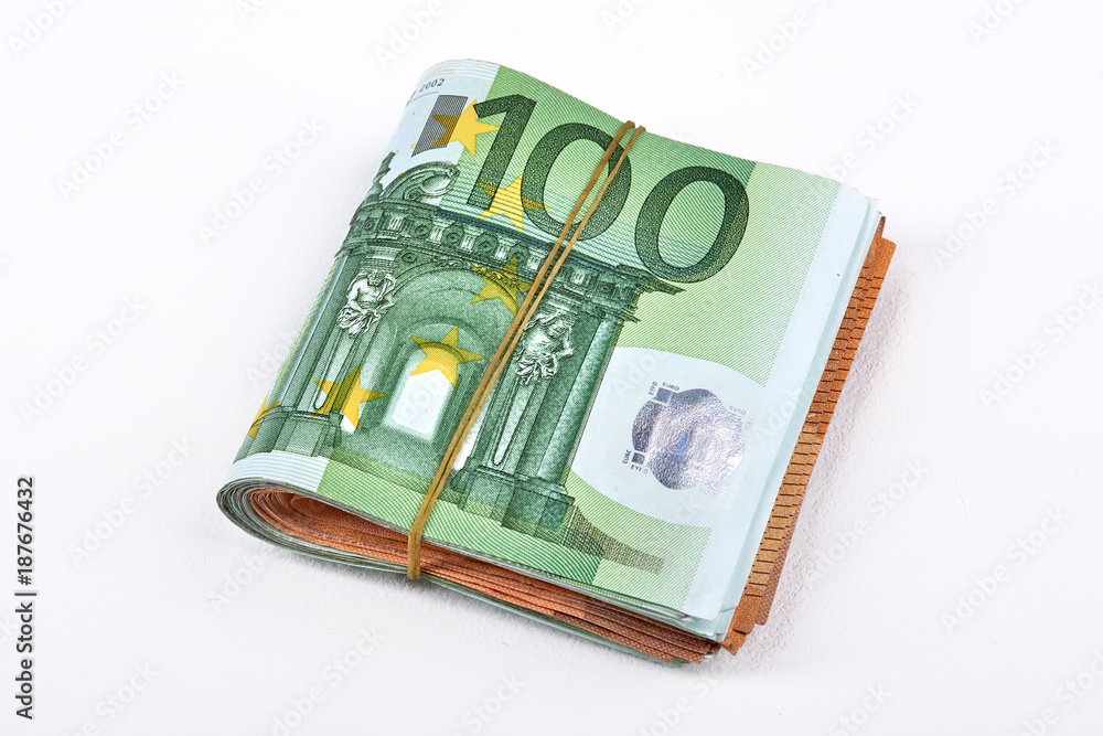 Euro money bank. Rolled up Euro bills on white background. One hundred and 50 Euro bills Euro money bank. Rolled up Euro bills on white background. One hundred and 50 Euro bills