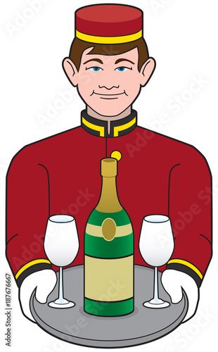 A young smiling hotel bellhop is delivering a bottle of champagne