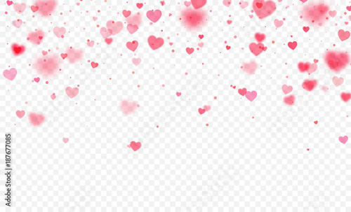 Heart confetti falling on transparent background. Valentines day card template. Vector illustration