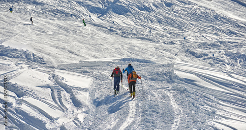 Skier climb on skis and sealskins.The ski slope and skiers at Passo Groste ski area ,italy photo