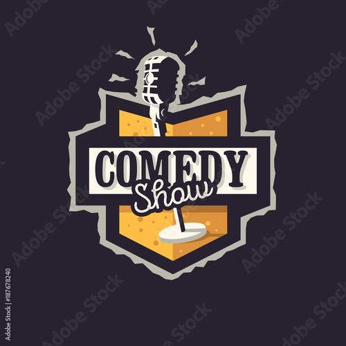Comedy Show Logo Badge Emblem Design With Old Fashioned Microphone.
