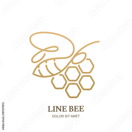 Vector one line logo icon or emblem with golden honeybee and honeycombs. Abstract modern design template. Outline bee illustration. Concept for honey package design.