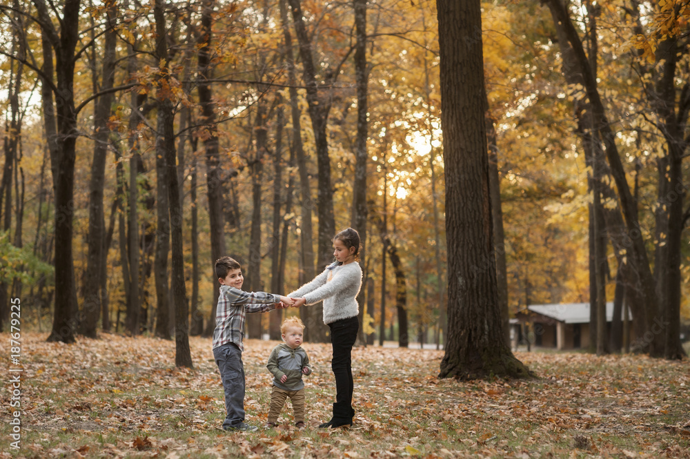 Siblings playing on field at park during autumn Siblings playing on field at park during autumn