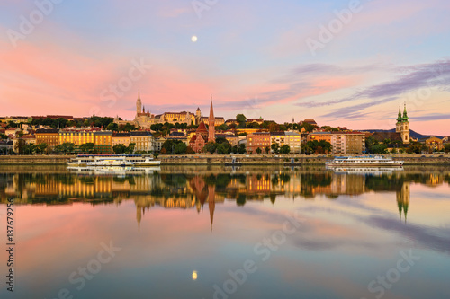 Buda side of Budapest city reflecting in still river. Moon  © Yury Kirillov