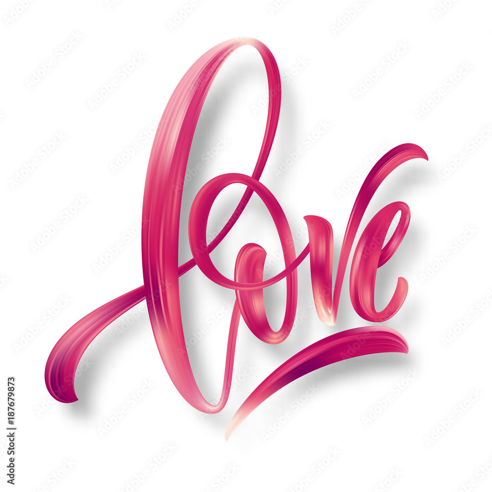 Love word hand drawn lettering. Color Paint brush texture. Modern calligraphy. Valentines Day Design for print on card, poster, banner. Vector illustration