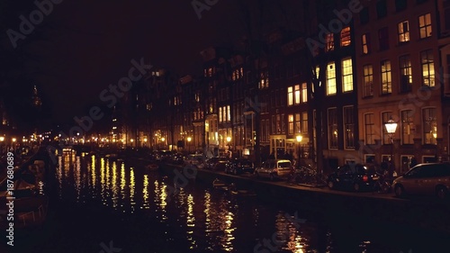 City canal at night. Amsterdam, Netherlands