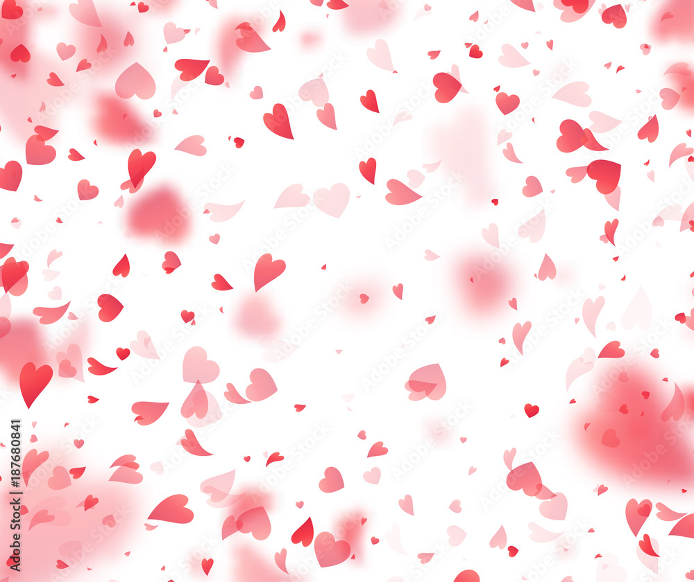 Heart confetti falling on transparent background. Valentines day card template. Vector illustration