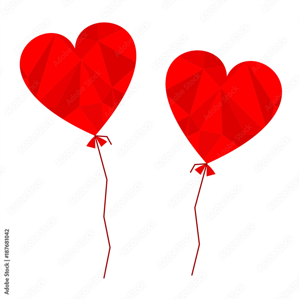 Valentine's day card design template. Low poly hearts with shaped balloons. 