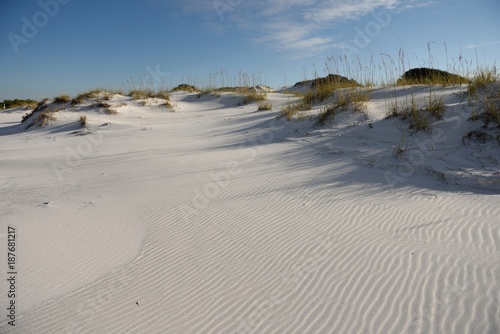 Pristine white sand beach and sand dunes with beach grass on Okaloosa Island, Florida, USA. photo