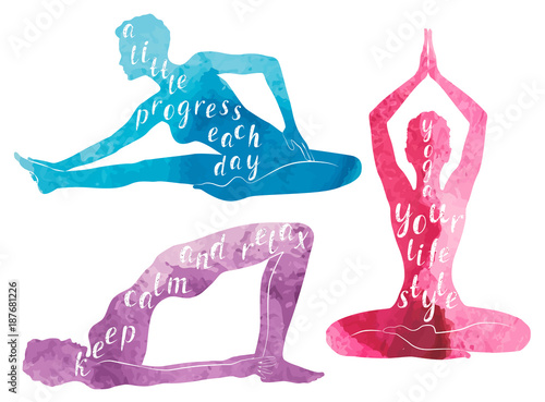 Watercolor Silhouettes of woman practicing yoga, relaxation and meditation