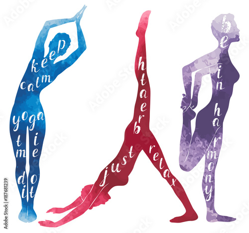 Watercolor Silhouettes of woman practicing yoga