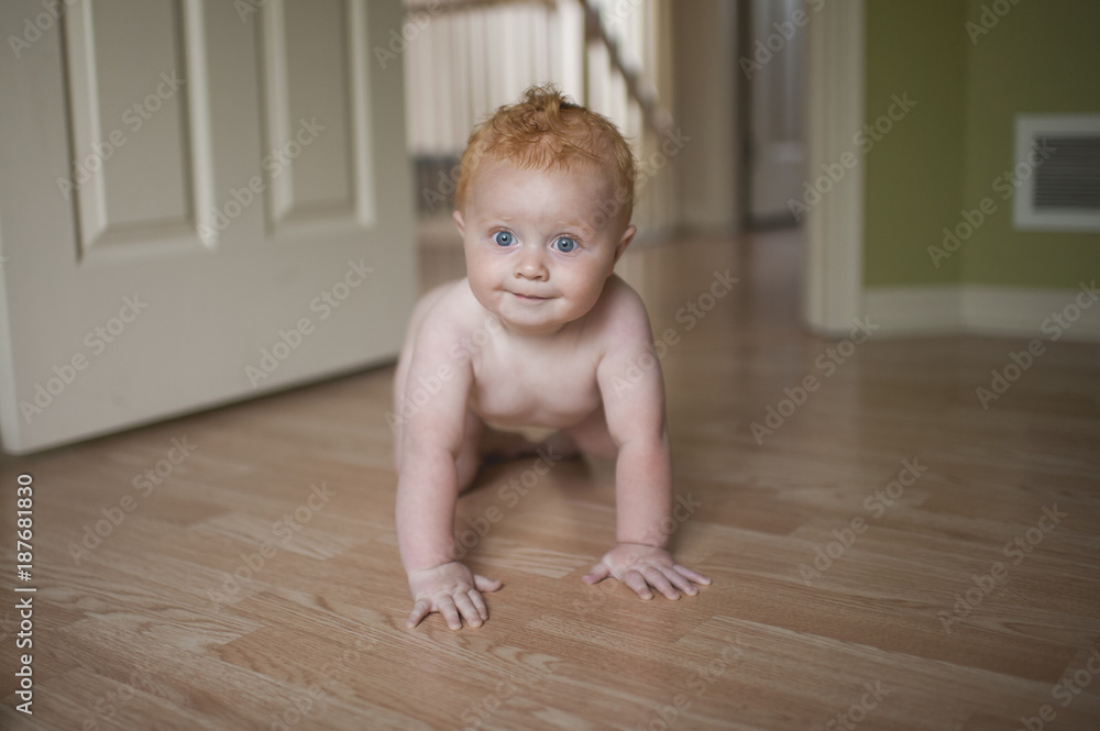 Portrait of baby boy crawling on floor at home Portrait of baby boy crawling on floor at home