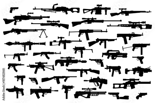 Firearms. Vector big set of different modern fire weapons. Black silhouettes on white isolated background. Side view