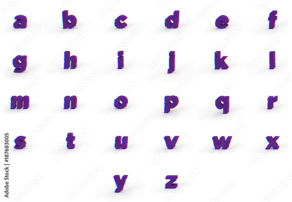 3D realistic glitch lowercase alphabet set with soft shadow isolated on white background - Path selection on file 3D realistic glitch lowercase alphabet set with soft shadow isolated on white background - Path selection on file