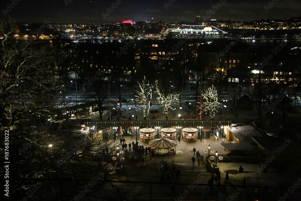 Stockholm at night seen from Skansen. entrance to skansen. night stockholm. card