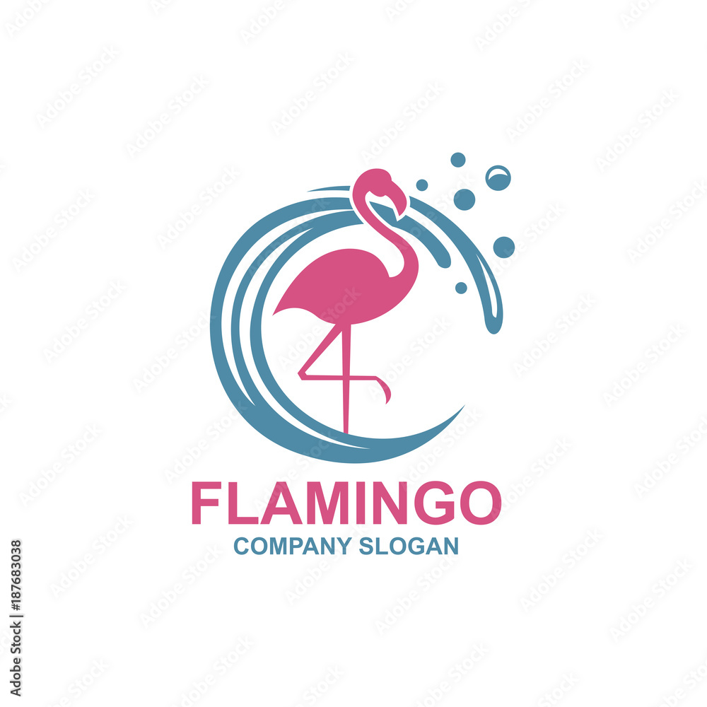 Fototapeta premium pink flamingo emblem with sun and waves