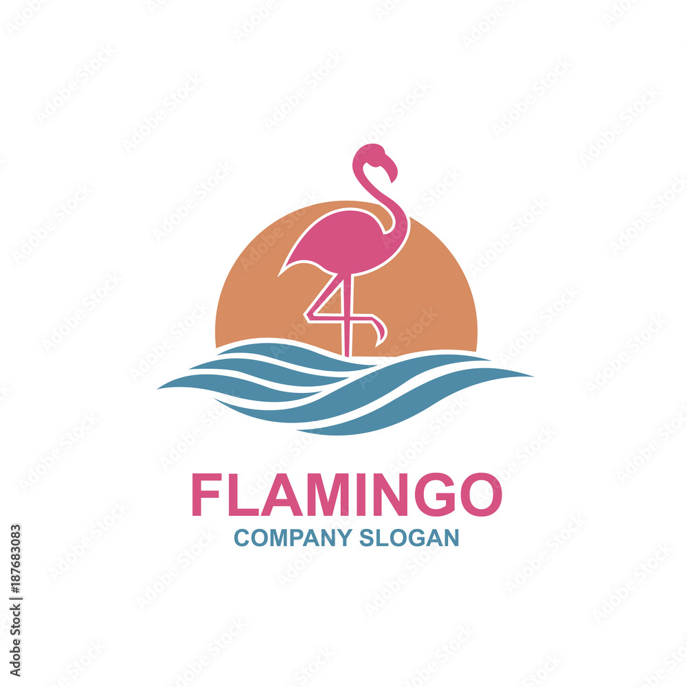 Fototapeta premium pink flamingo emblem with sun and waves