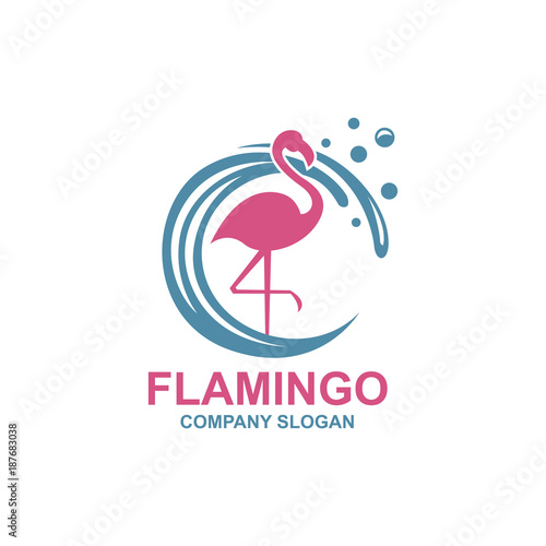 pink flamingo emblem with sun and waves