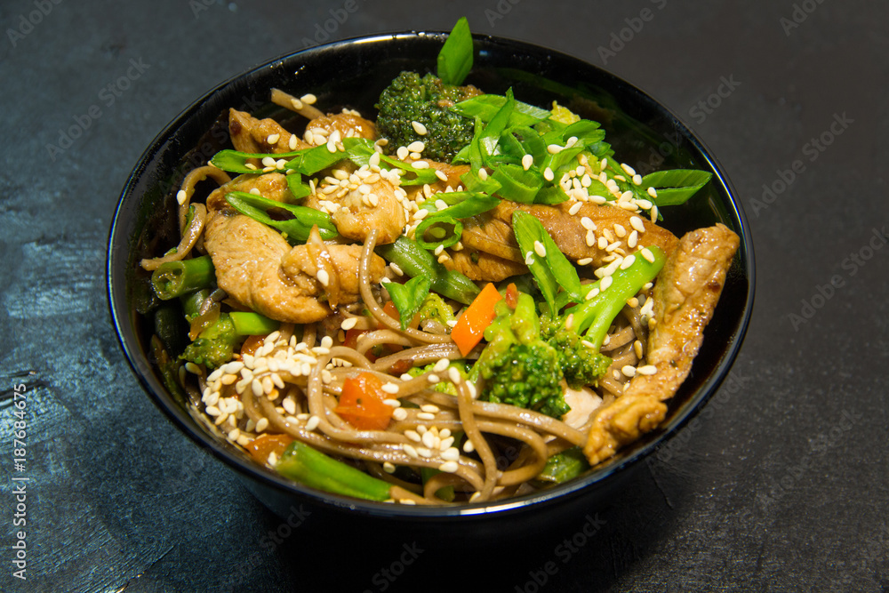 Japanese or Thai or Korean seafood meal. Noodles