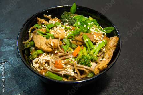 Japanese or Thai or Korean seafood meal. Noodles