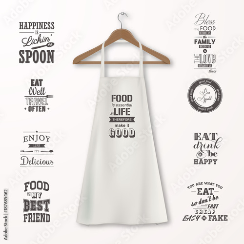 Vector realistic white cotton kitchen apron with clothes wooden hanger and quotes about food set closeup isolated on white. Design template, mock up for branding, graphics, advertising, printing