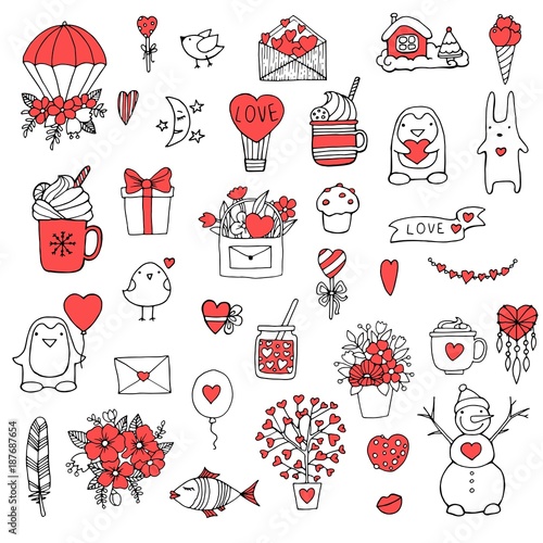 Set of hand drawn doodle love elements for wedding, Valentine's Day card, sticker, stamp design. Vector illustration with heart, love, speech bubble, arrow, lettering text. Hand drawn sketch style.