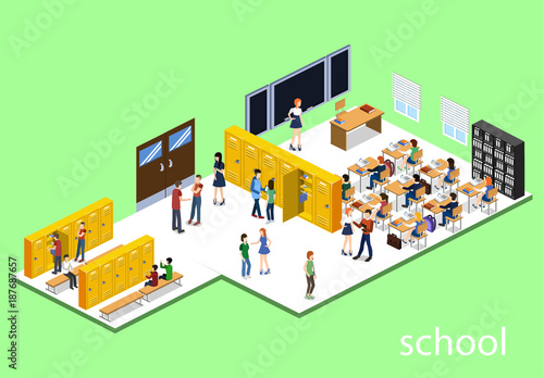 Isometric 3D vector illustration Interior class in school with students