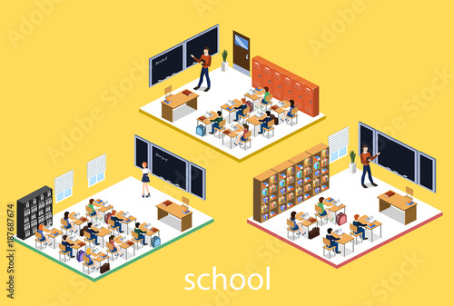 Isometric 3D vector illustration Interior class in school with students