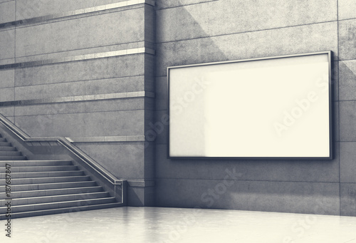 Blank advertising billboard on concrete wall with steps up. 3d illustration