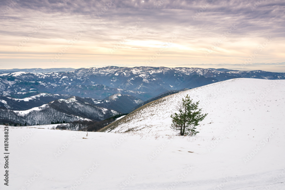 Peaceful winter mountain landscape at sunset