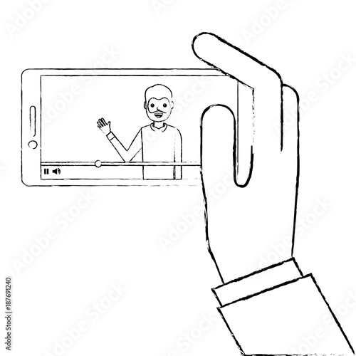 hand holding smartphone with video blogger on screen vector illustration sketch design