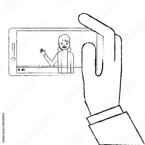 hand holding smartphone with video blogger on screen vector illustration sketch design
