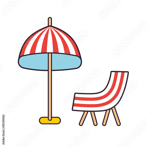Beach striped umbrella and deck chair isolated. Sea summer vacation resort icons.