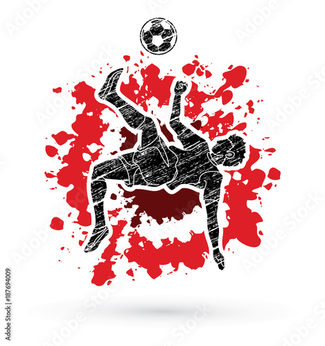 Soccer player somersault kick , overhead kick action designed on splatter ink graphic vector