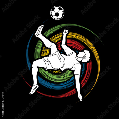 Soccer player somersault kick , overhead kick action designed on spin wheel graphic vector