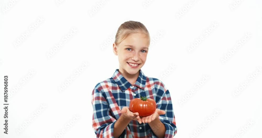 Girl holds in hands big ripe red tomatoes isolated on white