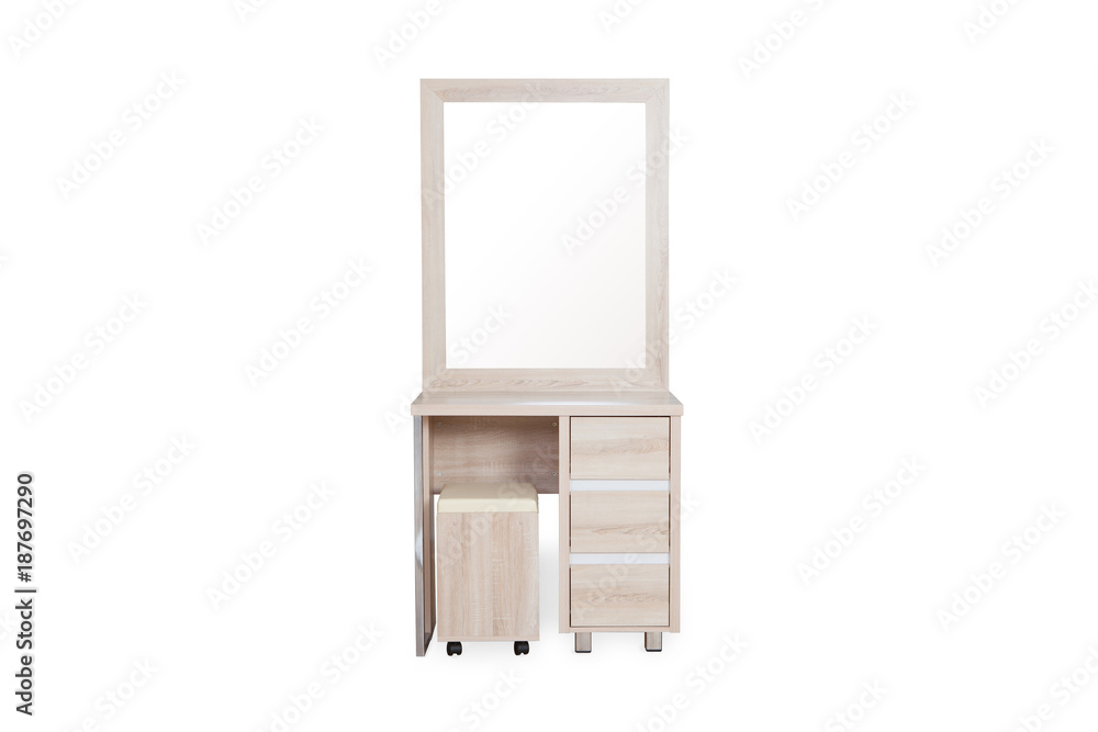 Wood Dressing Table with chair isolated on  white background with space for copy.