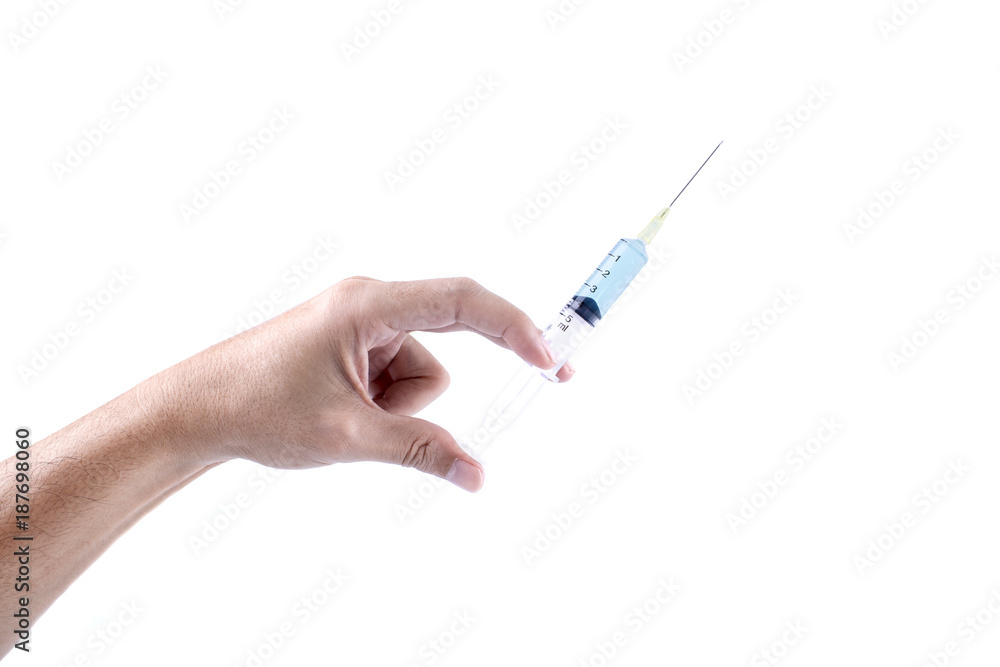 Hand holding syringe with blue serum isolated on white background Hand holding syringe with blue serum isolated on white background