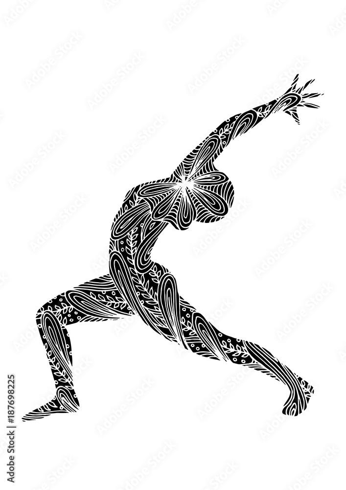 Fototapeta premium yoga warrior 1 pose 7 chakra vector flower floral leaf hand drawing zentangle illustration design (Virabhadrasana 1)