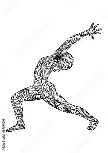 yoga warrior 1 pose 7 chakra vector flower floral leaf hand drawing zentangle illustration design (Virabhadrasana 1)